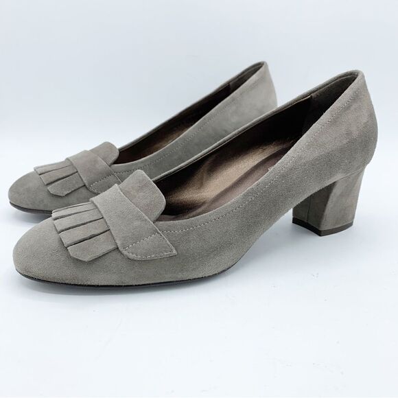 AGL • Gray Suede Heeled Kilty Fringed Loafers - Picture 13 of 13